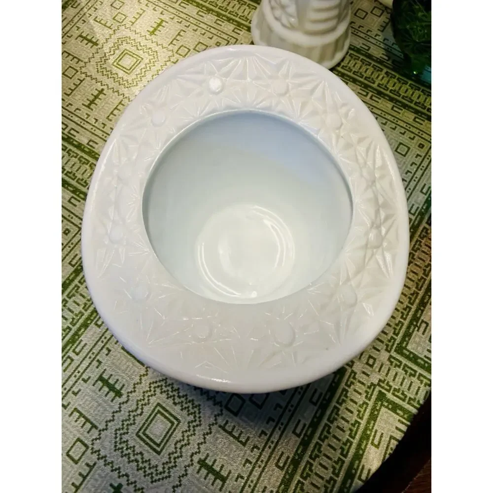 Vintage Milk Glass Top Hat Vase 4.5” Pressed Starburst Geometric Pattern
